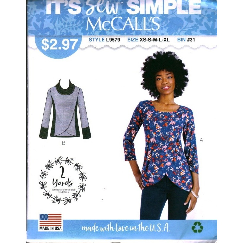 McCalls L9579 Misses Knit Tops Sewing Pattern Cowl Neck Crossover Hem XS-XL